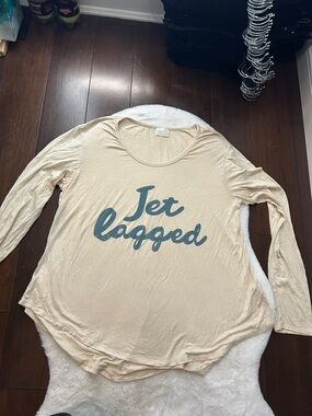 Jet Lagged Long Sleeve Tee - Cream with Blue Script